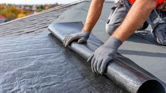Roofer installing waterproof membrane on flat roof, roof repair, waterproofing, construction maintenance and building protection concept