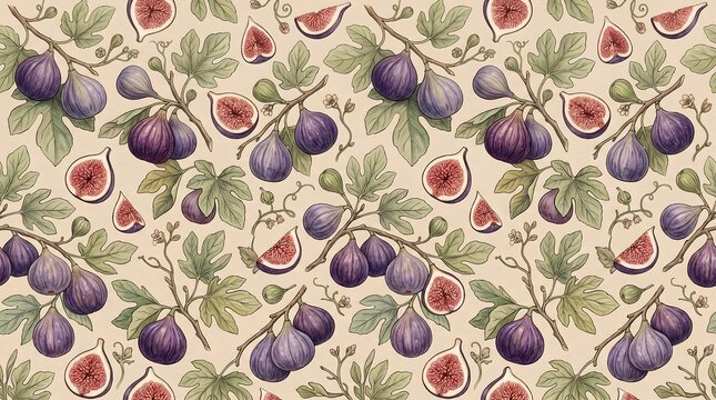 Seamless pattern with hand drawn purple figs and green leaves on a light beige background art