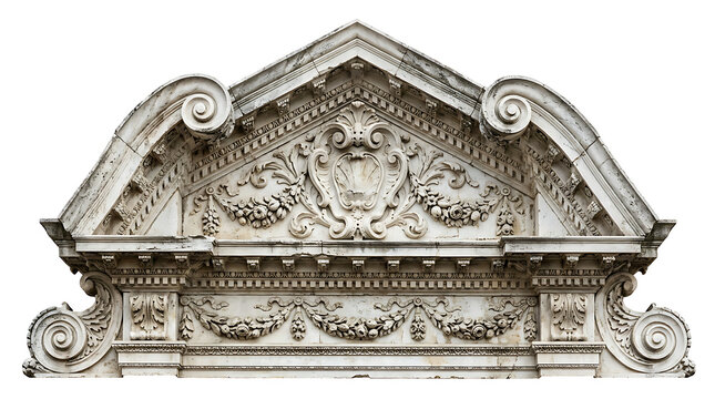 Ornate Baroque Style Architectural Pediment with Detailed Stone Carvings Isolated on White