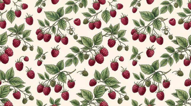 Seamless pattern with hand drawn raspberries and green leaves on a light cream background