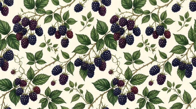 Seamless pattern with hand drawn blackberries and green leaves on a light cream background