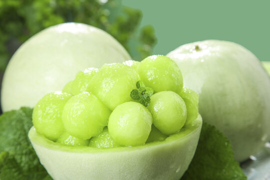 Fresh Green Honeydew Melon Balls in Natural Bowl with Mint - Shandong Organic Fruit Produce