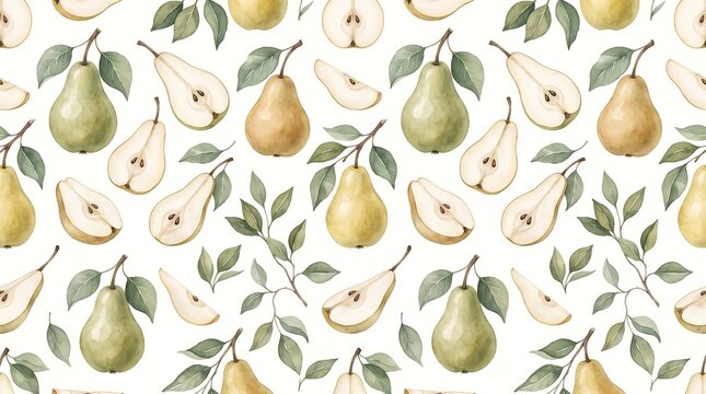 Seamless pattern with hand drawn pears and green leaves on a white background, fruit design