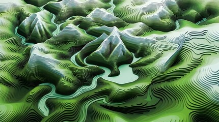 Fototapeta premium Abstract 3D topographic landscape with sharp snow‑tipped peaks surrounded by lush green valleys and flowing contour lines. The stylized terrain features pyramid‑like mountains, winding ridges, and riv