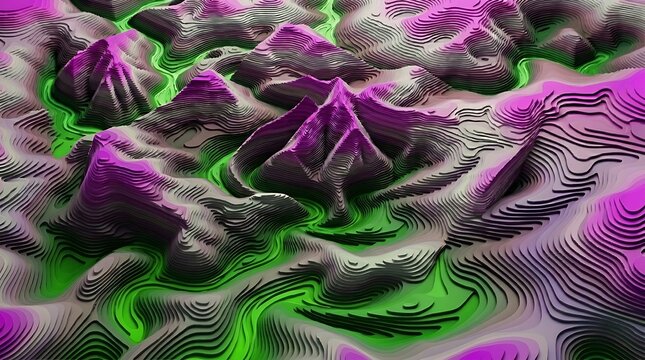 Abstract 3D terrain featuring sharp geometric peaks and valleys rendered in vivid purple, green, and black tones. Layered contour lines emphasize elevation and depth, creating a stylized, futuristic l