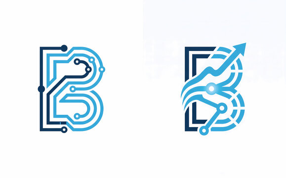 Letter B Technology Circuit Logo Vector. Both feature modern technology elements with circuit board lines and digital network nodes, vector graphics.