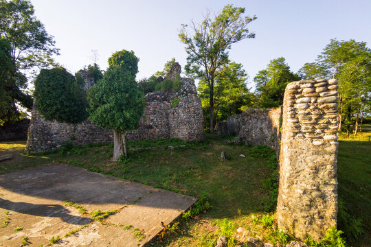 Ancient stone ruins of an old fortress wall overgrown with green trees, Abkhazia. Historical archaeological site with medieval masonry. History and nature concept
