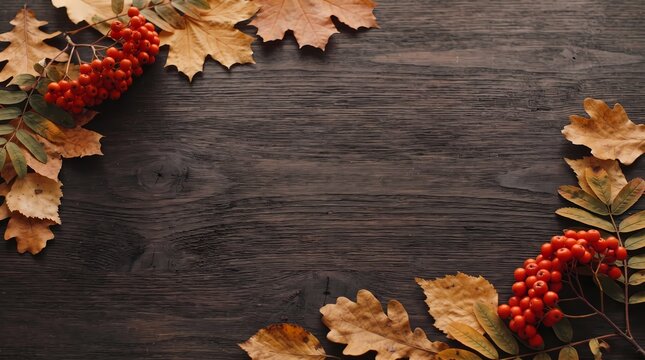 Vibrant orange rowan berries and golden foliage create a festive seasonal arrangement upon a dark textured wooden board to evoke a warm sense of gratitude during the beautiful autumn harvest