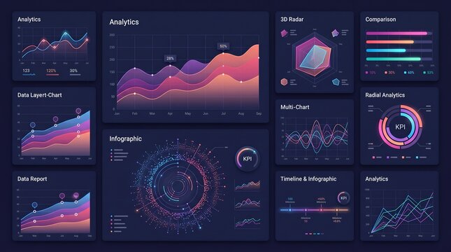 Digital dashboard displaying diverse data visualizations and analytics