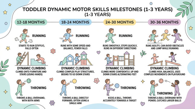 Toddler Dynamic Gross Motor Skills Development Milestones Infographic Chart from 1 to 3 Years Old