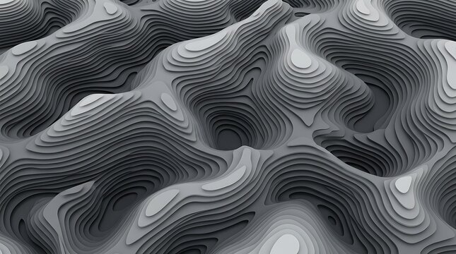 Monochrome topographic texture with flowing layered waves and 3D contour lines for design backgrounds