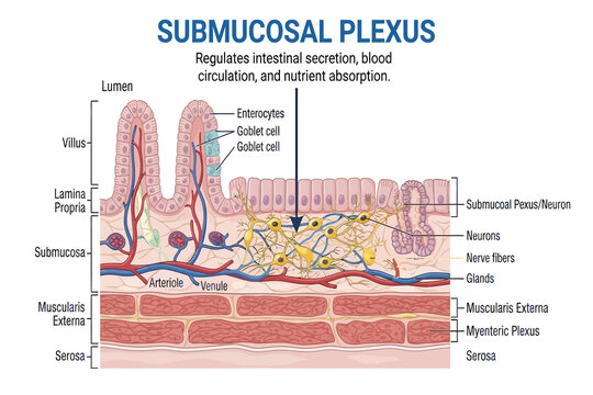 Cross Sectional Diagram Showing The Submucosal Plexus Structure Within The Intestinal Wall Layers For Physiological Education