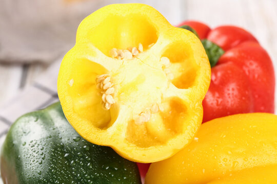Fresh Yellow Red Green Bell Peppers Cut Half Kitchen Vegetables Cooking Ingredients