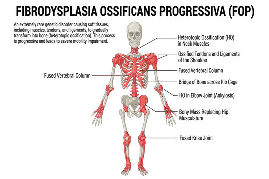 Anatomical Educational Diagram Explaining the Progressive Pathological Bone Growth Patterns Found in Fibrodysplasia Ossificans Progressiva