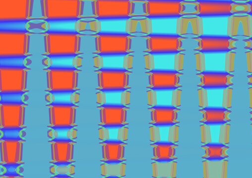 Abstract geometric background with vibrant orange and cyan wavy vertical stripes, retro 70s style digital art pattern, modern dynamic wallpaper design