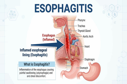 Medical diagram showing esophagitis and inflamed esophageal lining with anatomy labels