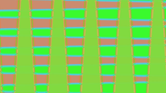 Abstract geometric pattern with vertical columns of repeating trapezoidal shapes in shades of brown, bright green, and blue