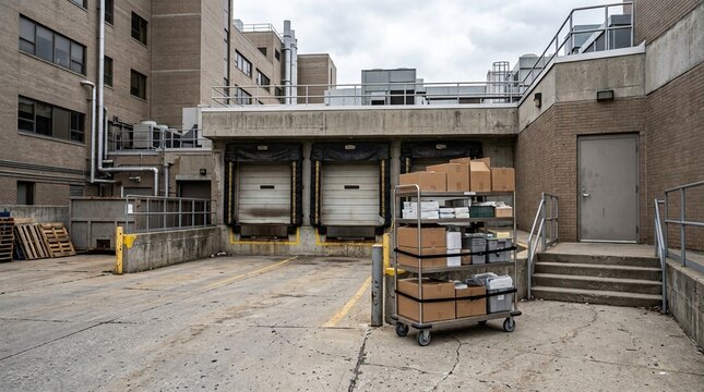 Supply delivery cart standing at the hospital receiving dock, wide view &ndash; hospital delivery cart, medical supply transport cart, healthcare receiving dock equipment