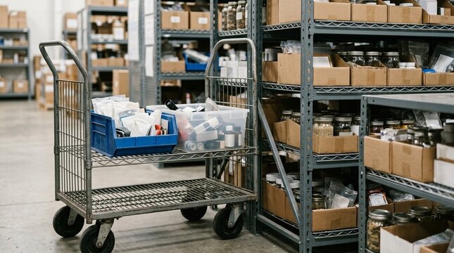 Supply cart restocking bins resting beside a stocked shelving unit, close-up detail &ndash; hospital supply cart, medical restocking cart, healthcare inventory transport