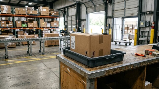 Supply chain box unboxing tray standing on a receiving dock counter, environmental view &ndash; warehouse box unboxing station, receiving dock counter, hospital supply intake