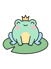Fototapeta premium Cute cartoon frog wearing a golden crown on lily pad with character amphibian illustration