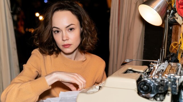 Woman typing on vintage typewriter beside papers and desk lamp, creative writing, manuscript drafting, editing workflow and home office concept