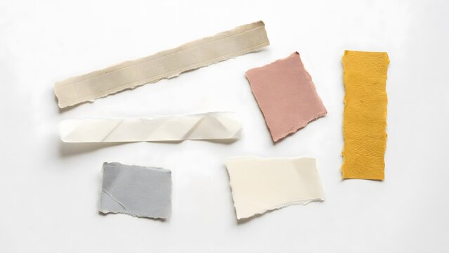 Set of various torn paper scraps and strips in different colors and textures isolated on white background