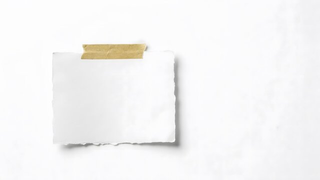 Blank piece of torn paper with rough edges taped to a white background