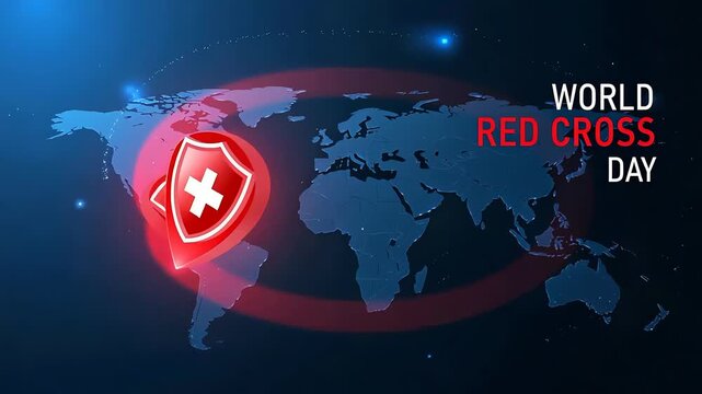 A red protective shield over world map.
