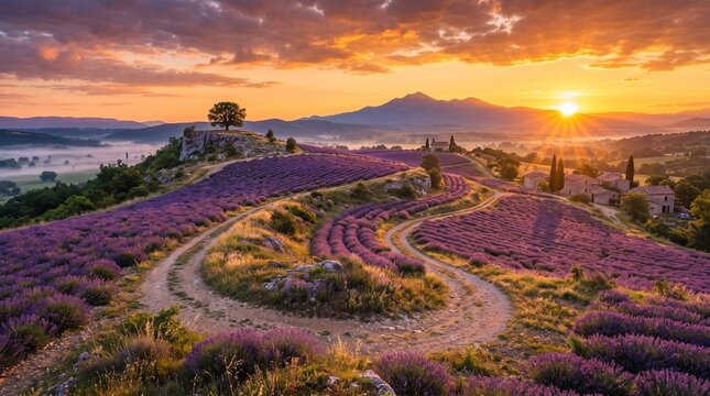 Sunlit lavender fields in rolling hills.
