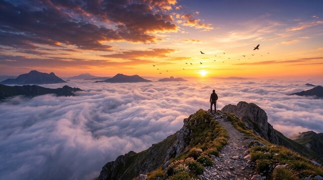A hiker overlooks a sea of clouds at sunrise.
