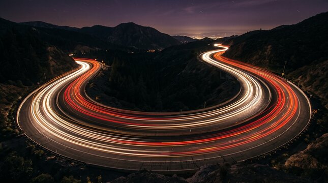 Car light streaks on a curved mountain highway.
