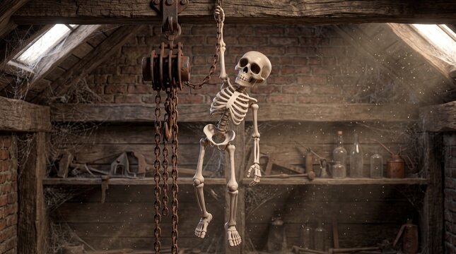 A skeleton hanging from an attic pulley.
