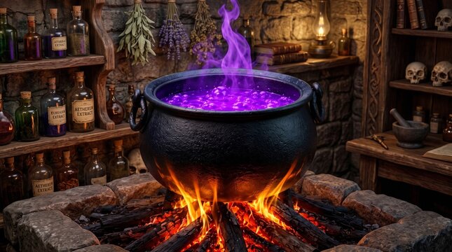 A mystical iron cauldron with purple potion.
