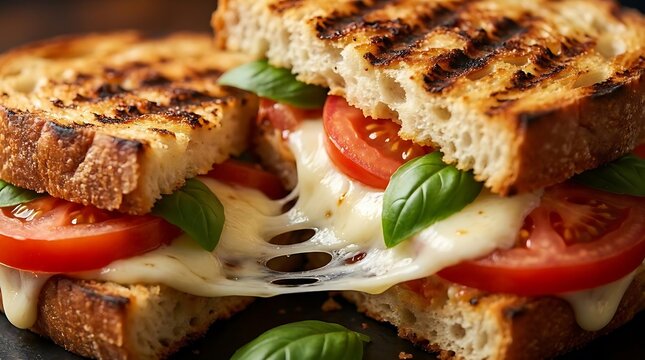 A delicious caprese panini with melted mozzarella cheese, fresh red tomatoes, and green basil leaves on toasted sourdough bread for a gourmet lunch meal