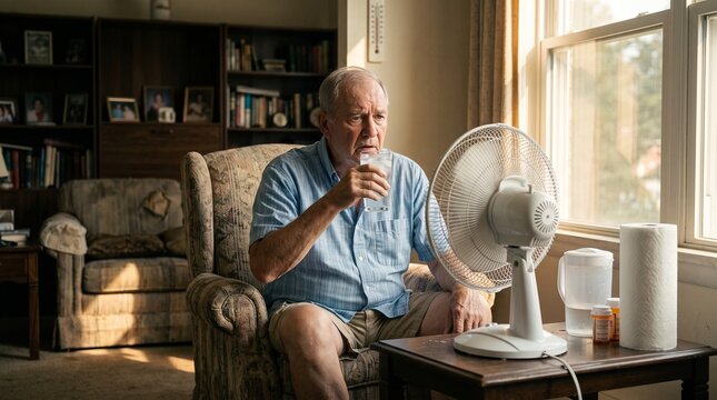 Senior man drinking water by fan
