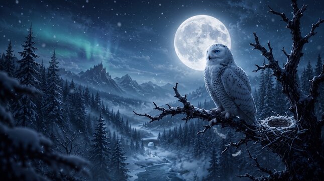 Snowy owl sits on tree at night
