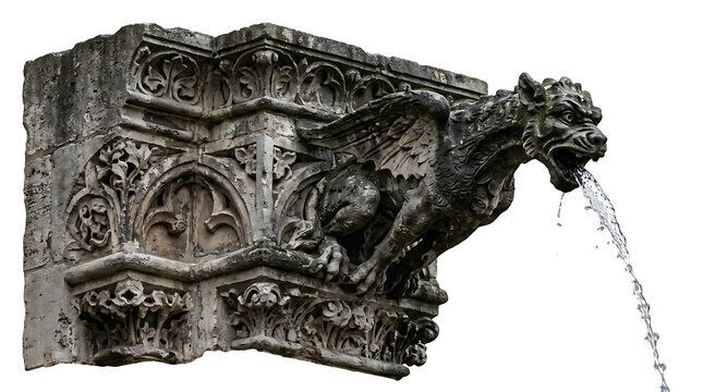 Stone gargoyle water fountain with intricate gothic architectural details isolated on white