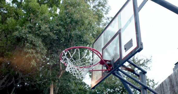 Player is jumping, is placing basketball through hoop while net is snapping during backyard play