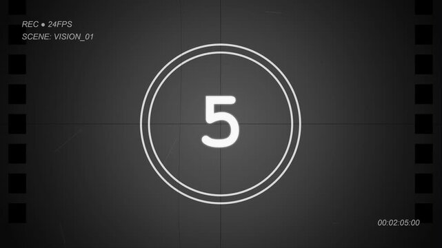 Retro film countdown timer, analog clock face with numbers counting down from 10 to 1, vintage movie reel texture, black and white for opening sequence