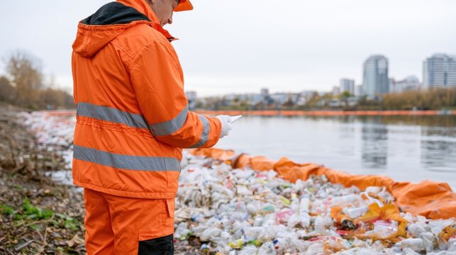 Worker in orange protective clothing inspecting plastic waste beside riverbank, environmental cleanup and water pollution control concept