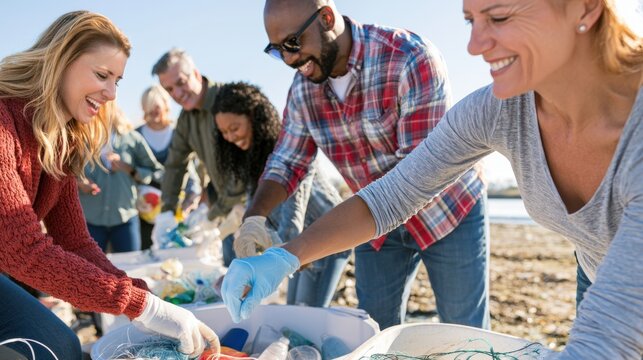 Diverse group collecting plastic litter on beach, sorting waste for environmental cleanup and ocean conservation