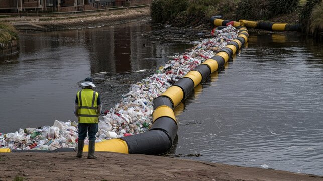 Worker beside floating barrier filled with plastic waste in polluted river, water cleanup and environmental protection concept