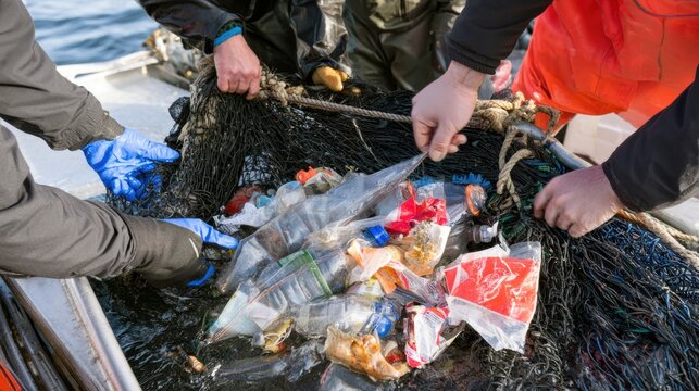 Gloved workers removing plastic bottles and packaging from tangled fishing net on boat, marine cleanup and waste collection concept