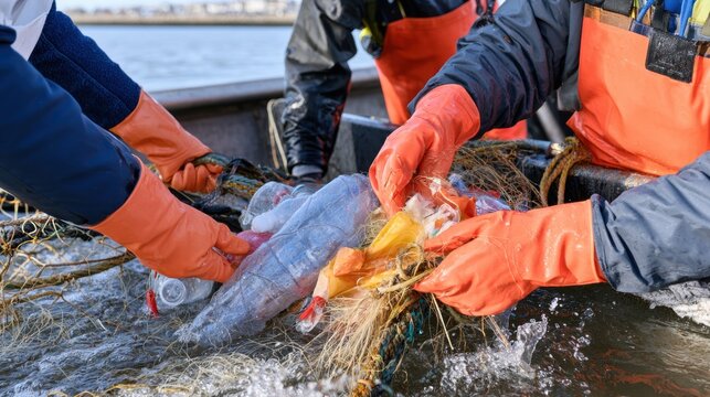 Gloved hands removing plastic bottles and bags from tangled fishing net on boat deck, marine cleanup and ocean pollution concept