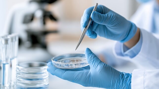 Gloved hands using tweezers to inspect particles in petri dish, microplastic testing and laboratory analysis for pollution research
