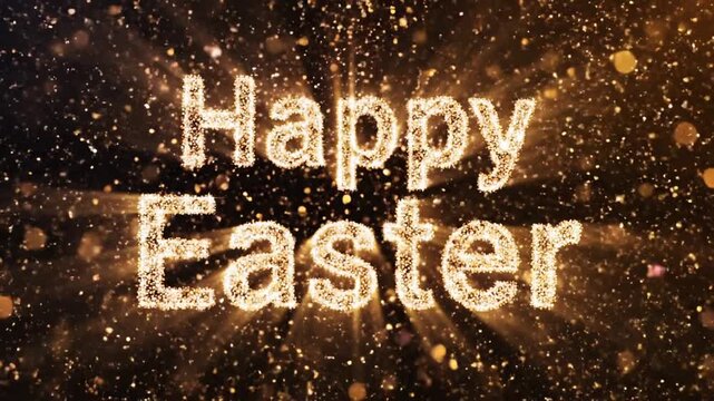 Happy Easter greeting card with glowing golden particles and light rays on a dark background.