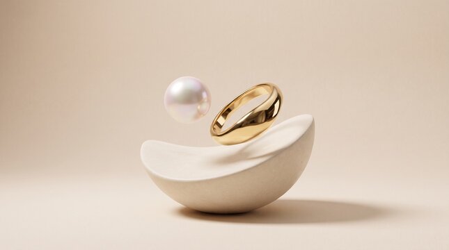 Gold ring and pearl floating above curved ceramic pedestal minimal luxury jewelry 3D render beige background