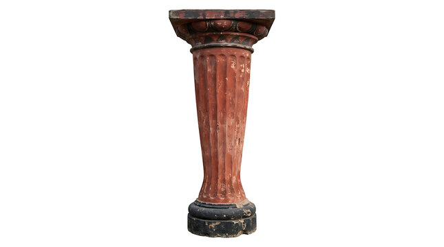 A weathered antique terracotta and black stone pedestal column isolated on white background