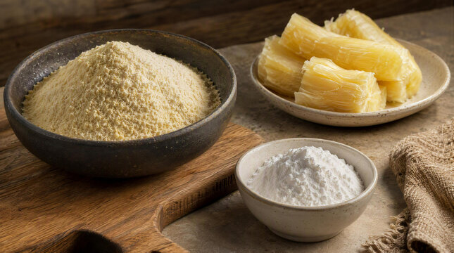 Cassava flour and starch with fresh cassava root on a wooden table